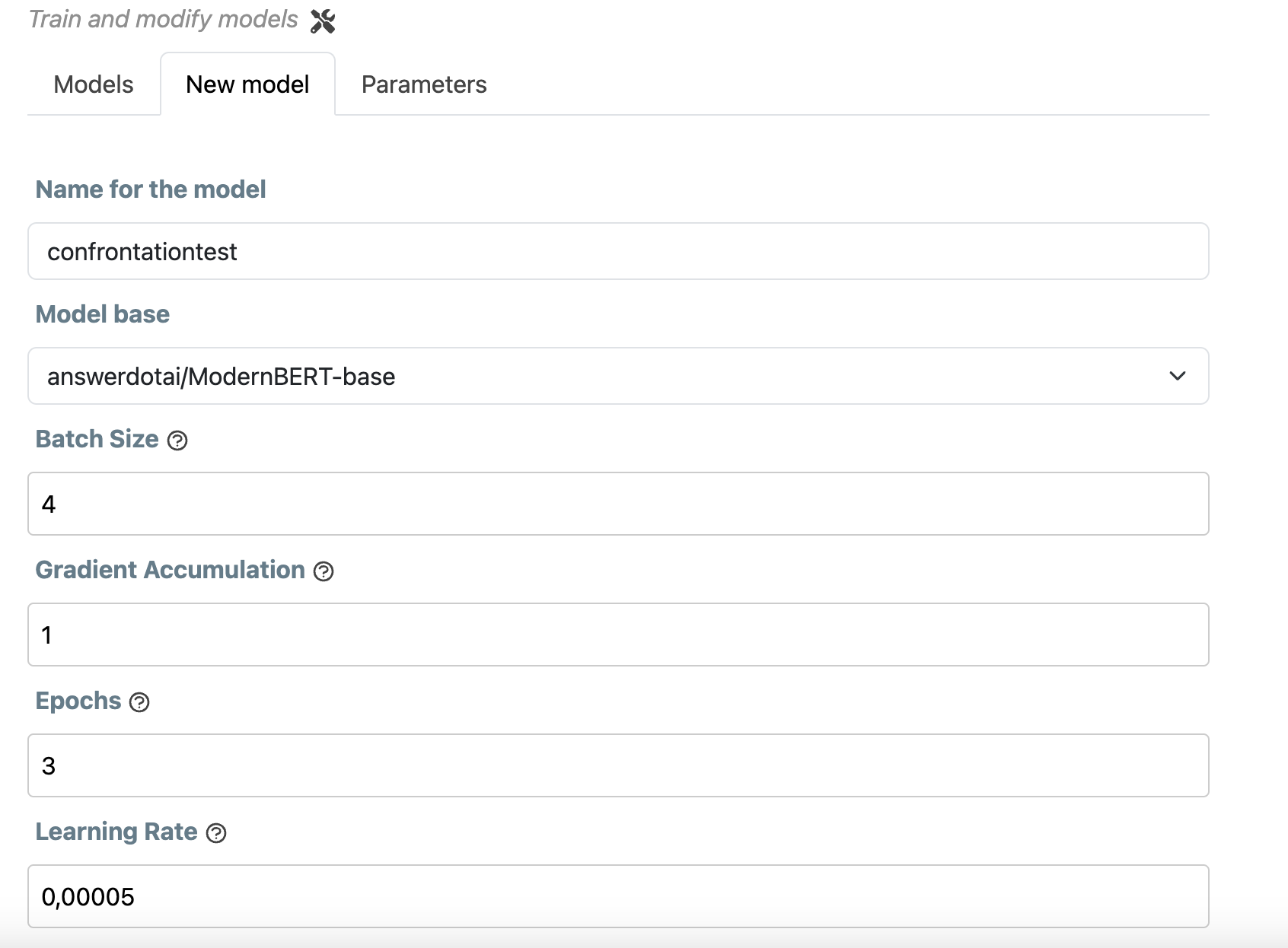 Overview of the model training tab